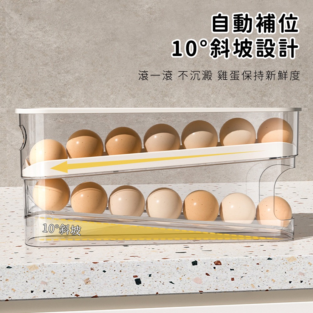 【好拾選物】雙層雞蛋收納盒│冰箱蛋架 滾動設計│透明可視 防碰撞不佔位-細節圖2