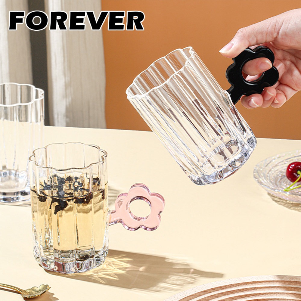 日本FOREVER 花朵造型玻璃杯 260ml｜耐熱果汁水杯/花型杯口/可愛花把手杯-細節圖2
