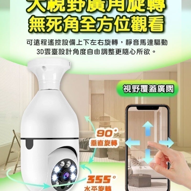 台灣有看頭 360度燈泡造型監視器【自動追蹤旋轉 1080P智慧全彩 E27燈泡座】APP遠端攝影機-細節圖3