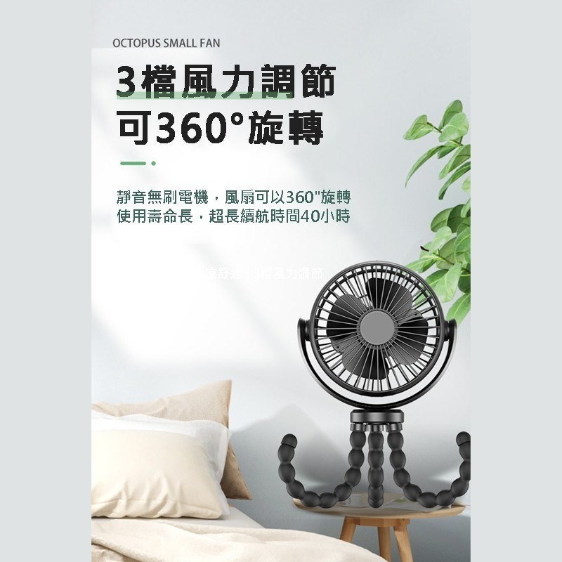 八爪魚風扇【4吋三檔風速大風量 5200豪安大電池 USB充電】仿生物章魚風扇 嬰兒車風扇 推車靜音風扇-細節圖3