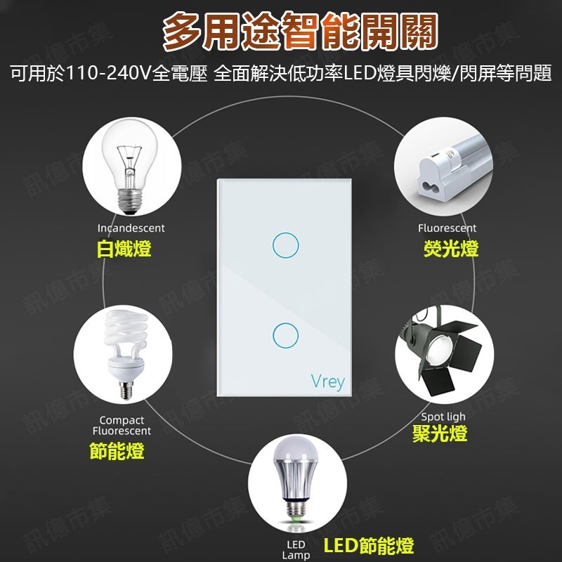 110V台版 單火線遙控觸控開關 鋼化玻璃電燈開關切 單控變雙控 可配120型RF433隨意貼遙控器-細節圖2