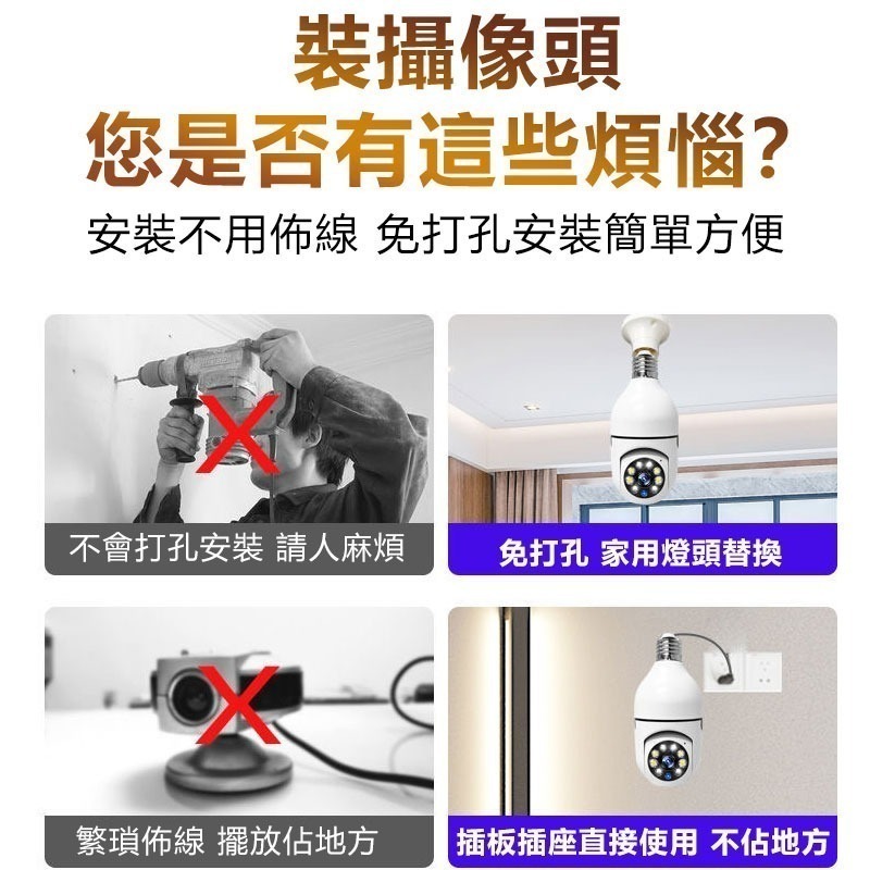 上帝視角~免安裝 360度燈泡座攝影機【4分割 1080P白光全彩 智能追蹤】雲蟻/千鳥APP遠端WIFI手機監視器-細節圖3