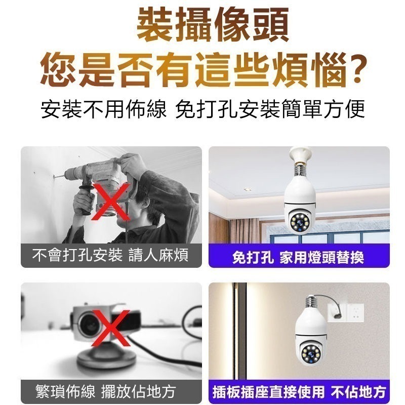 上帝視角~免安裝 360度燈泡座攝影機【4分割 1080P白光全彩 智能追蹤】雲蟻/千鳥APP遠端WIFI手機監視器-細節圖3