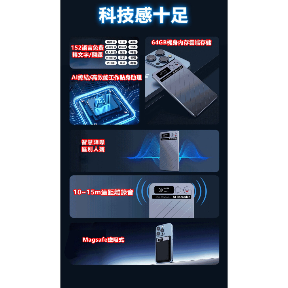 【免手寫 AI智能錄音筆】MagSafe 磁吸錄音 | 通話錄音 轉逐字稿 | 會議課程筆記 語音翻譯 錄音筆 64G-細節圖9