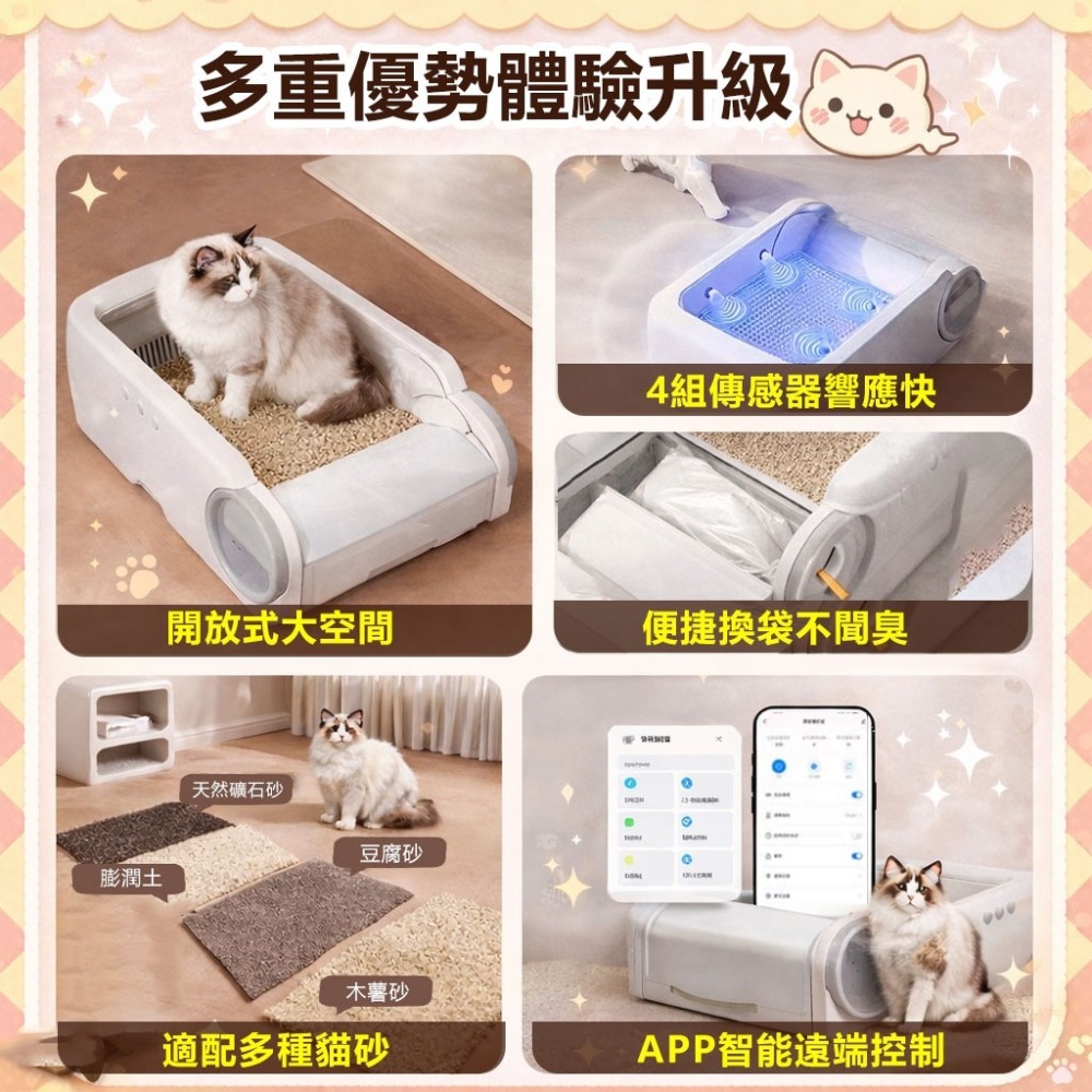 訊億👍不用自己鏟屎了~ AI自動鏟屎砂盆 不鏽鋼全自動貓砂盆 夾多重感測防夾貓 開放式大空間 7日大容量集便袋-細節圖2