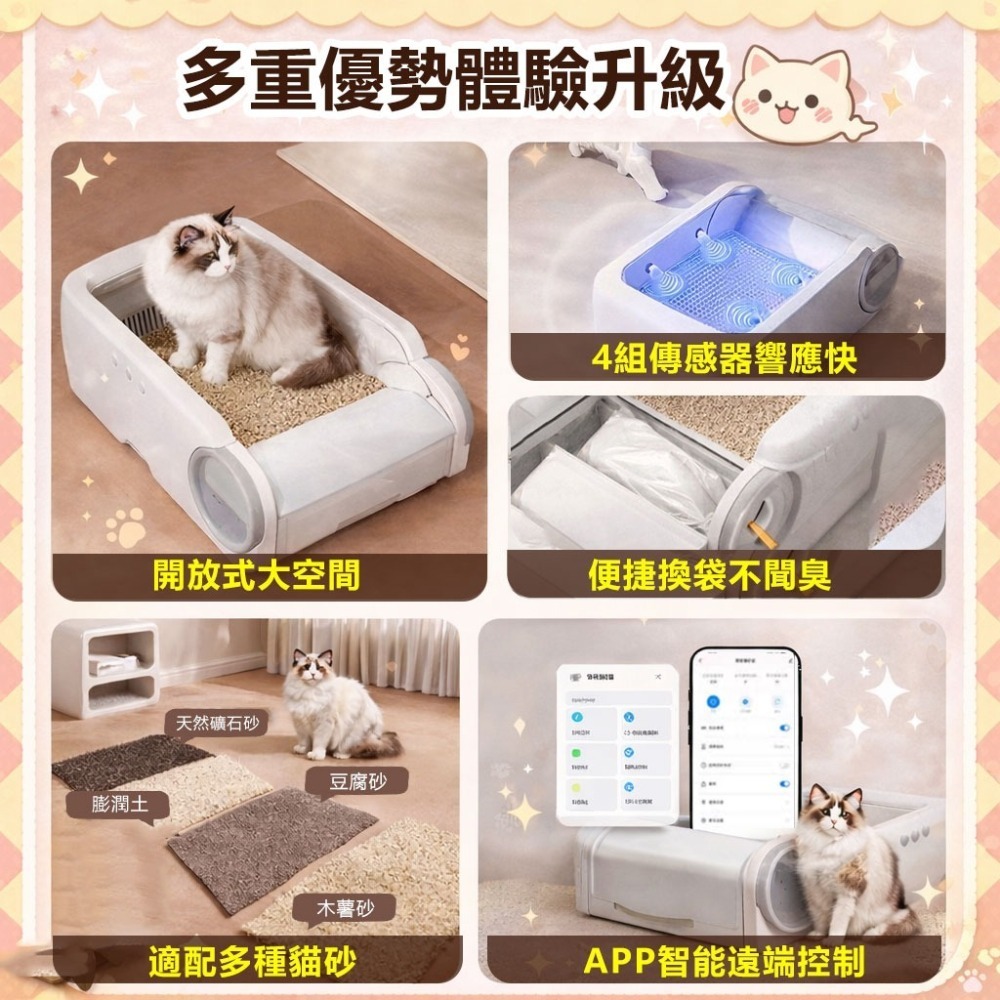 訊億👍不用自己鏟屎了~ AI自動鏟屎砂盆 不鏽鋼全自動貓砂盆 夾多重感測防夾貓 開放式大空間 7日大容量集便袋-細節圖2