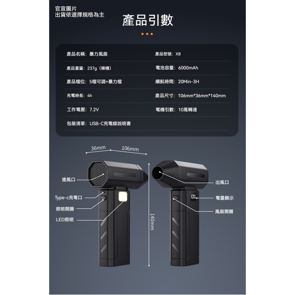 6段暴力除塵器 10萬轉無刷馬達 6000mAh長續航 LED照明 戶外露營 吹塵機 氣球吹氣 打氣機-細節圖5