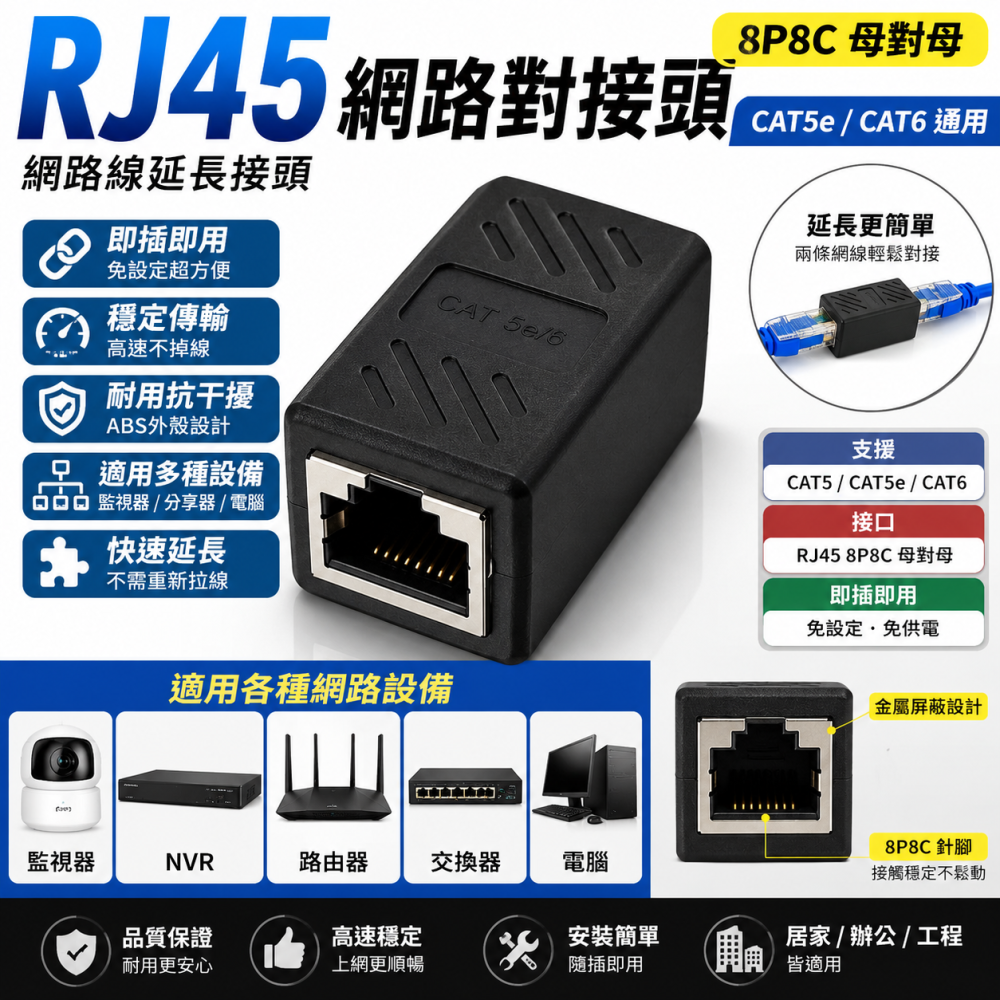 訊億 RJ45網路對接頭 CAT5e CAT6 網線延長接頭 8P8C 水晶頭母對母 網路線延長器 網路轉接頭 Eth-細節圖2