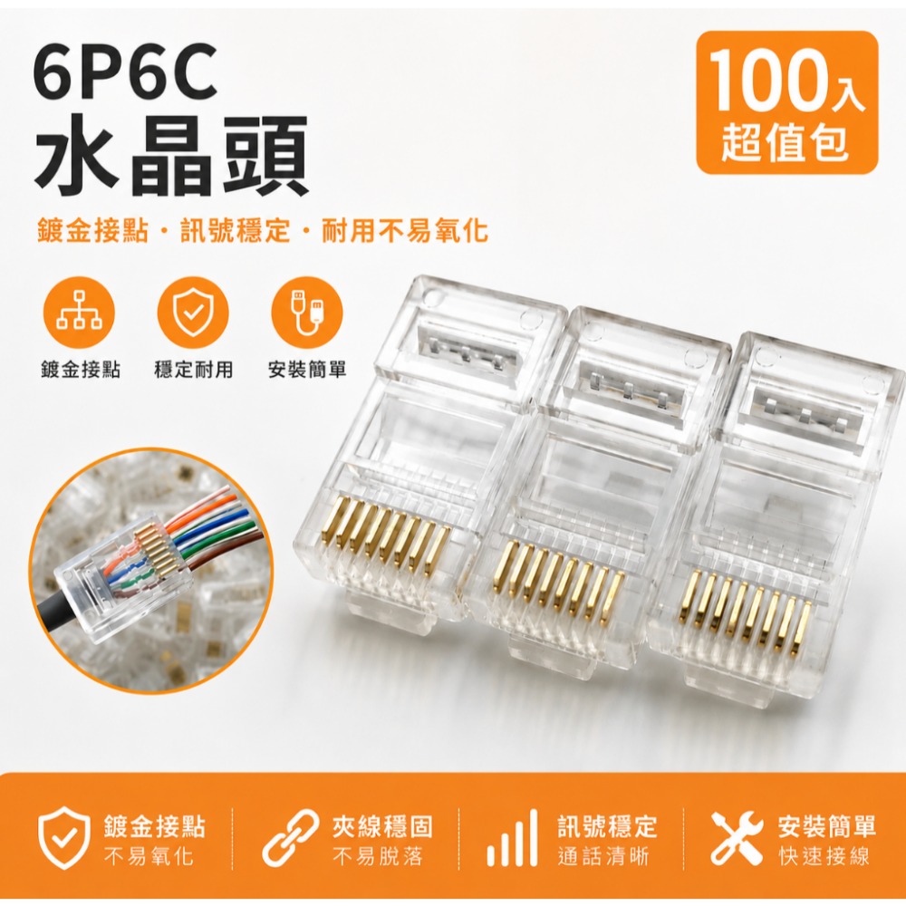 訊億 CAT6三叉直通水晶頭 100入｜RJ45 網路接頭｜穿透式 水晶接頭｜8P8C 網路線接頭｜適用 CAT5E-規格圖8