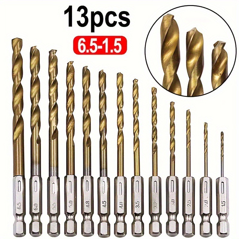 13件組 六角柄麻花鑽頭組 鍍鈦高速鋼HSS 鑽尾套裝 1.5-6.5mm 電鑽鑽頭 木工鑽頭 金屬鑽孔 DIY工具-細節圖2