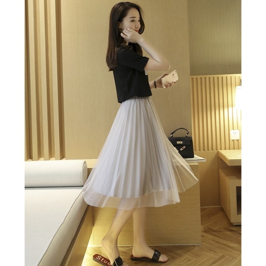 【BJ COLLECTION】日系飄逸高腰顯瘦百褶網紗裙 BJC40004(灰色 )68cm-細節圖2