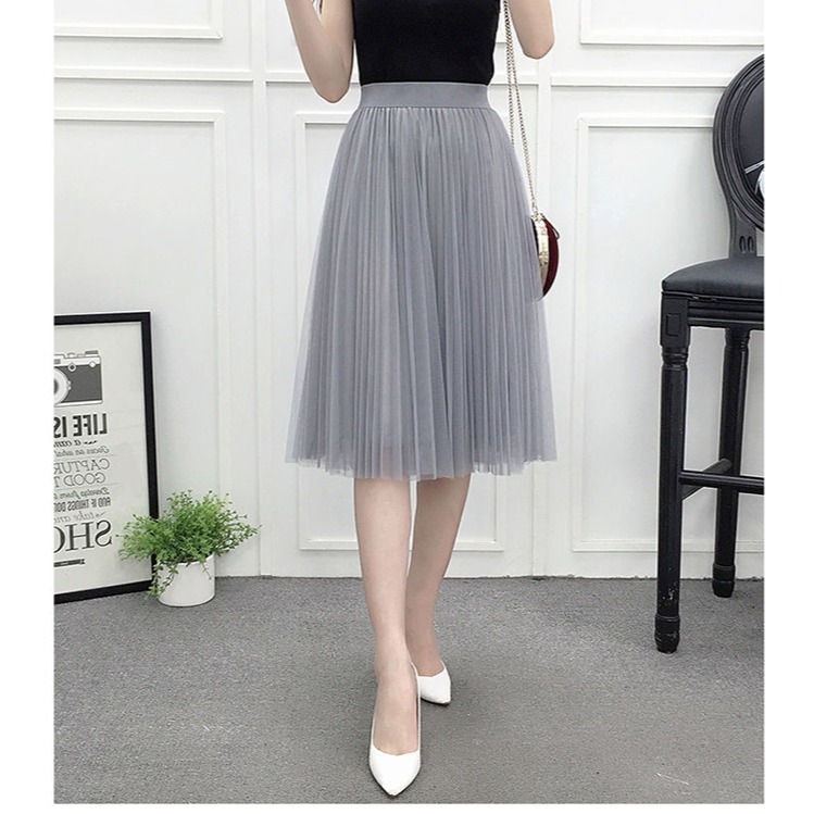 【BJ COLLECTION】日系飄逸高腰顯瘦百褶網紗裙 BJC40004(灰色 )68cm-細節圖4