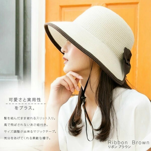 日本 QUEENHEAD 抗UV抗強風可拆防風繩蝴蝶結草帽 8026 (米色/咖色蝴蝶結)