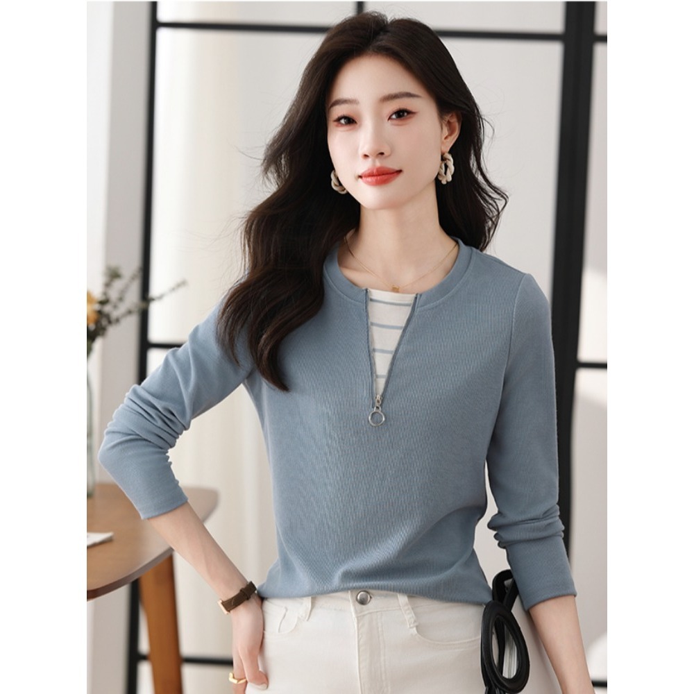 BJ COLLECTION 日系假兩件針織條紋拼接長袖上衣 BJC30087 FREE 灰藍色-細節圖2