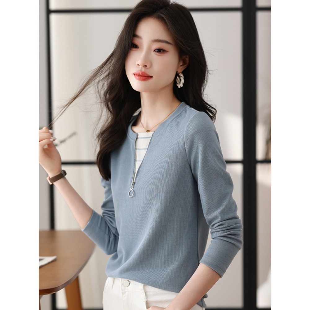 BJ COLLECTION 日系假兩件針織條紋拼接長袖上衣 BJC30087 FREE 灰藍色-細節圖3