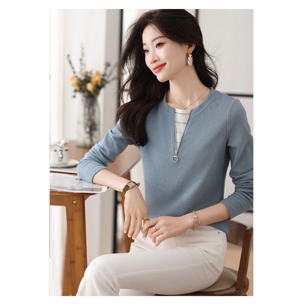 BJ COLLECTION 日系假兩件針織條紋拼接長袖上衣 BJC30087 FREE 灰藍色-細節圖5