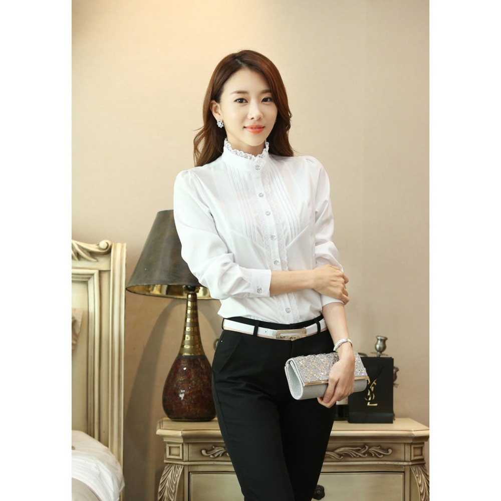 BJ COLLECTION 日系浪漫蕾絲花邊立領修身長袖上衣 BJC30085白色-細節圖3