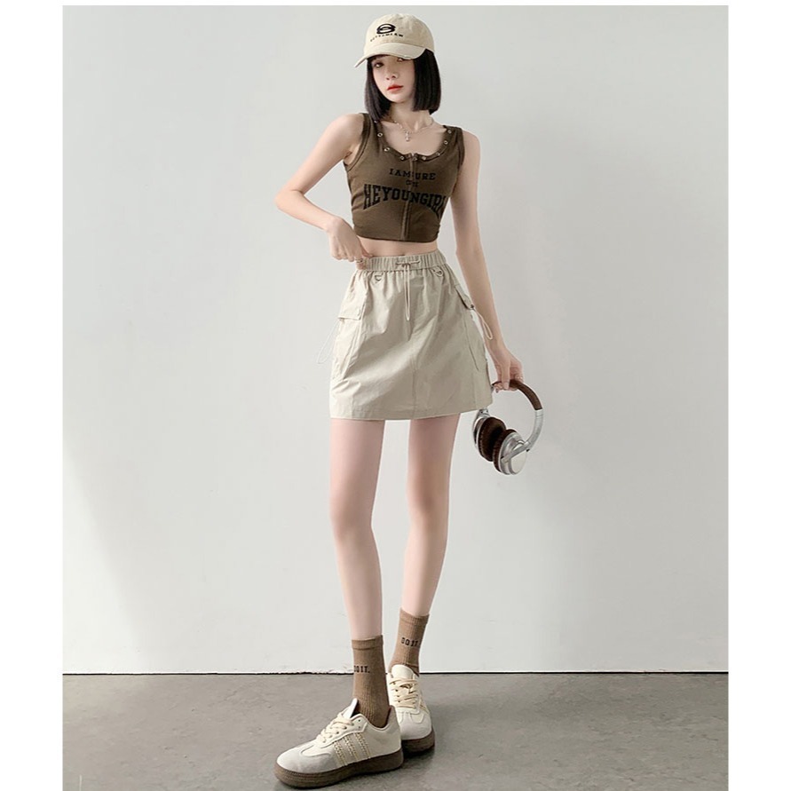 BJ COLLECTION 日系工装裙鬆緊高腰顯瘦防走光短裙 BJ40044茶白色FREE-細節圖2