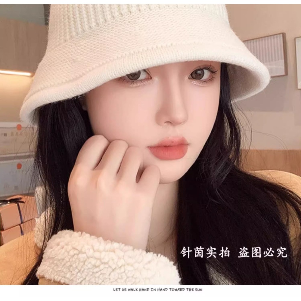 日本 BEAUTYJAPAN 羊羔絨毛純色保暖針織漁夫帽盆帽 BJ2129 米白色-細節圖2