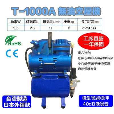 【鋼普拉】台灣製造 T-1000A 鋼彈 模型 噴漆 噴槍 1/6HP 無油靜音空壓機 含儲氣桶+調壓濾水裝置+風管
