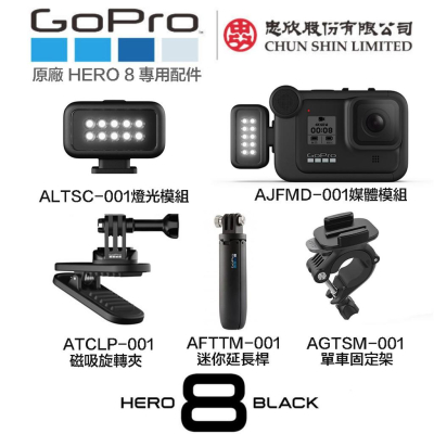 【eYe攝影】現貨 原廠配件 GoPro HERO 8 媒體模組 + 燈光模組 + 背包夾 + 單車固定夾 + 延長桿