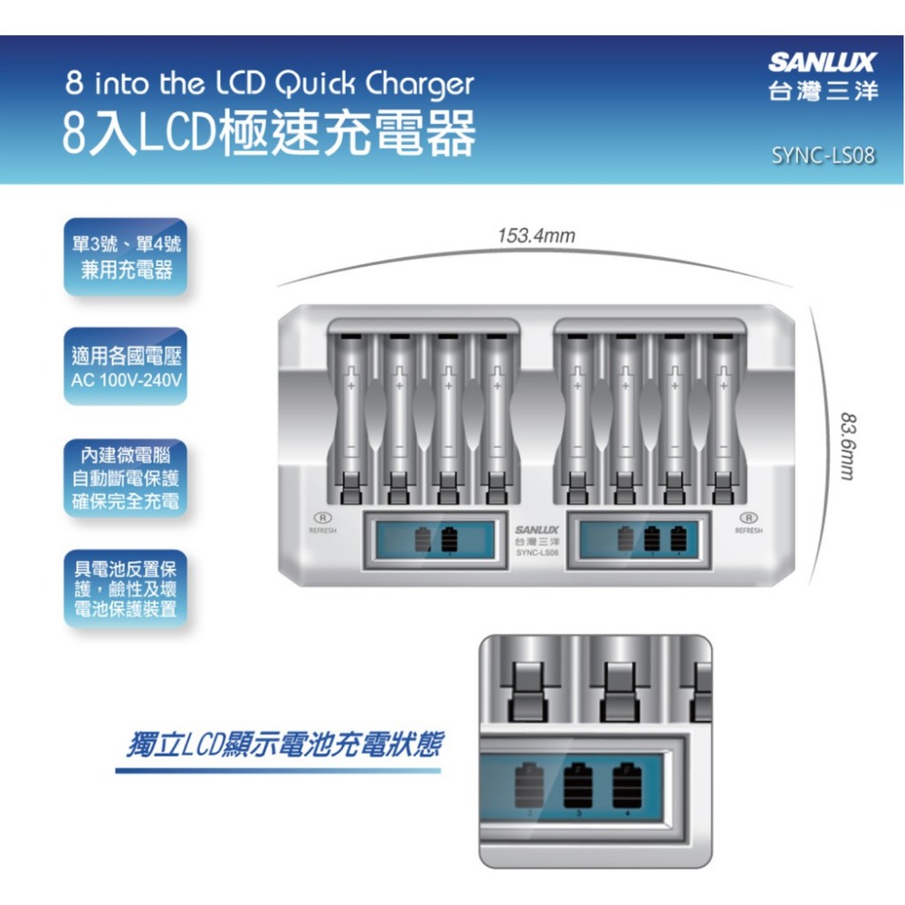 【eYe攝影】SANLUX 台灣三洋 LCD極速充電器 SYNC-LS08 8充 鎳氫 快充 3號 4號 充電電池-細節圖2