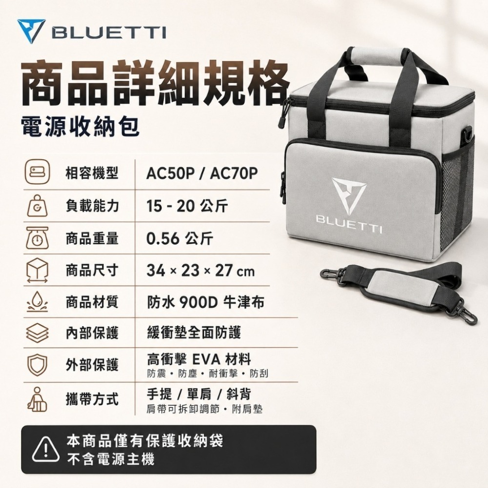 【BLUETTI】2026新款 原廠包 電源收納包 含背帶 防潑水 防塵 移動電源收納袋 手提袋 AC50P AC70P-細節圖6