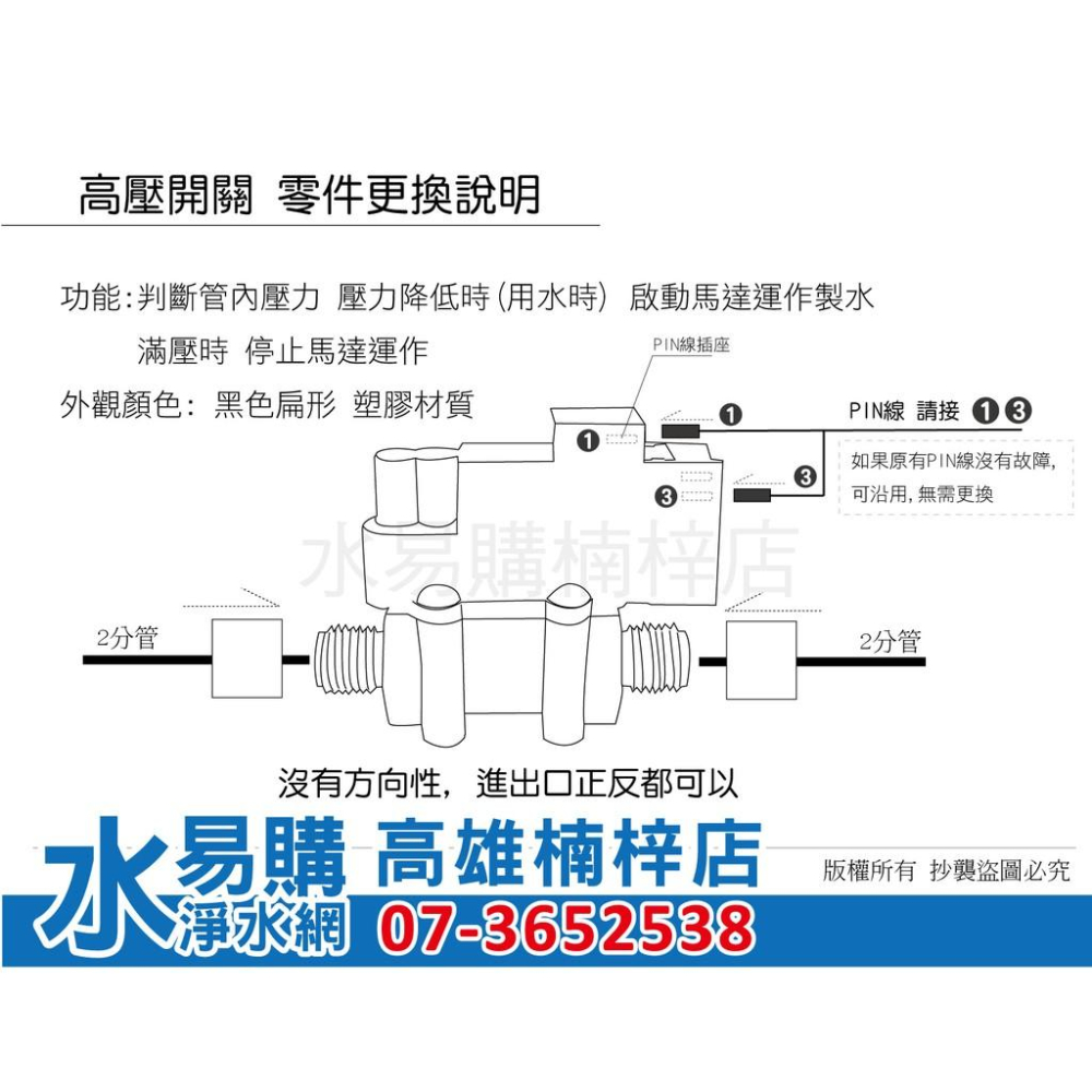 逆滲透RO純水機零件-高壓開關 壓力開關 滿水開關 (RO壓力桶水滿仍持續造水,可能是它故障) 水易購楠梓店-細節圖3