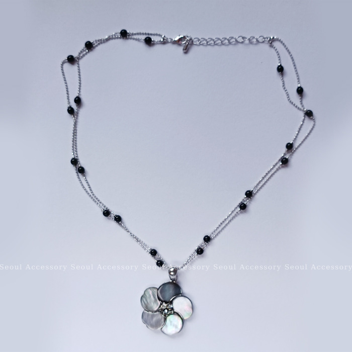 [現貨]首爾飾集 正韓國製 專櫃精品 宴會名媛 貝殼花兒珍珠水晶鑽雙層項鍊32-22-1-細節圖3