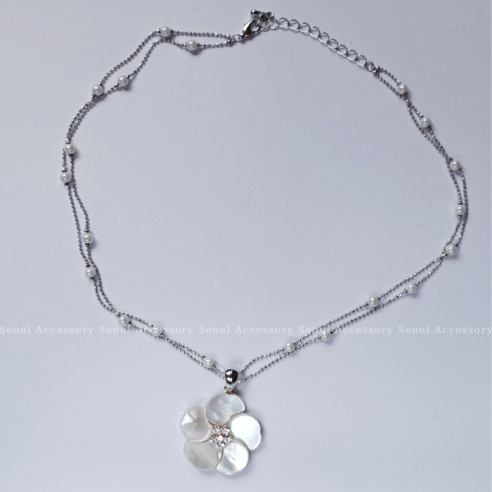 [現貨]首爾飾集 正韓國製 專櫃精品 宴會名媛 貝殼花兒珍珠水晶鑽雙層項鍊32-22-1-細節圖5