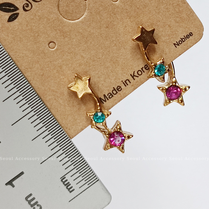 [現貨]首爾飾集 正韓國製 復古金屬  雙星水晶鑽曲線 抗敏鋼針後扣式耳環31-99-1-細節圖3