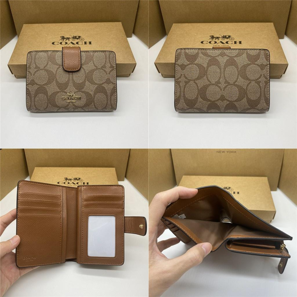 vivian美國代購✨正品 coach 女士新款女生中夾 按扣對折中夾 女生真皮皮夾 素色短夾 零錢夾 F25937-細節圖8