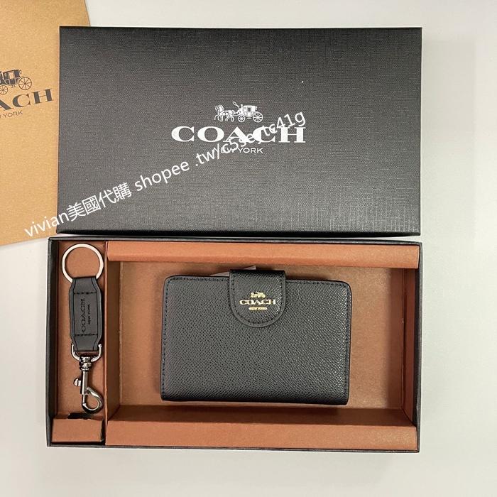 vivian美國代購✨正品 coach 女錢包女士拉鍊對折中夾 短夾 C拉鍊扣中號C6390 禮盒套裝配鑰匙扣-細節圖6