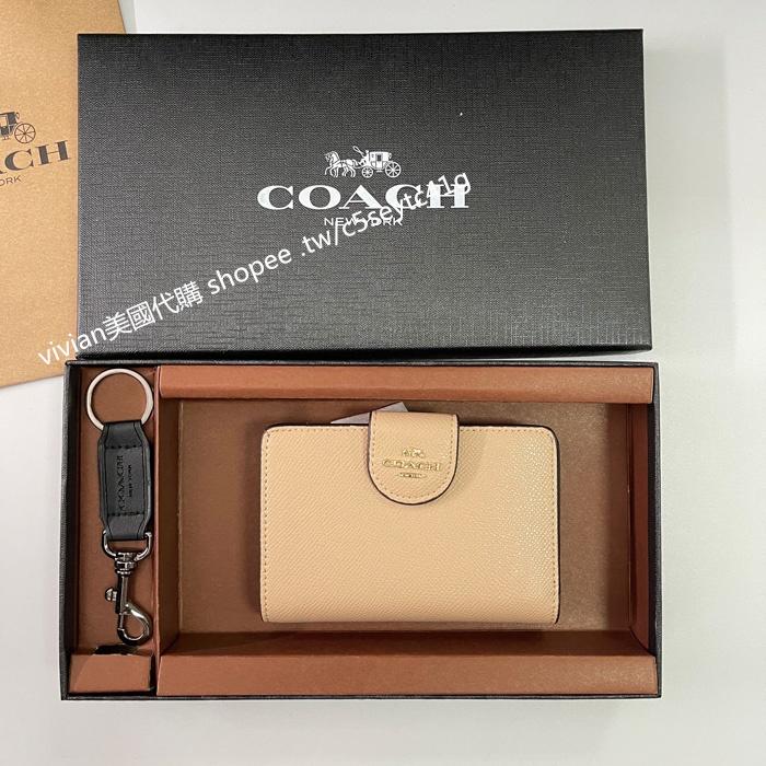 vivian美國代購✨正品 coach 女錢包女士拉鍊對折中夾 短夾 C拉鍊扣中號C6390 禮盒套裝配鑰匙扣-細節圖7