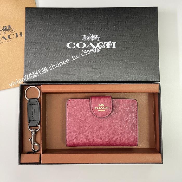 vivian美國代購✨正品 coach 女錢包女士拉鍊對折中夾 短夾 C拉鍊扣中號C6390 禮盒套裝配鑰匙扣-細節圖8
