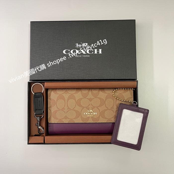 vivian美國代購✨正品 coach 女生翻蓋三折長夾錢包 手拿包 F53763 禮盒套裝配鑰匙扣  女生長夾 錢夾-細節圖2