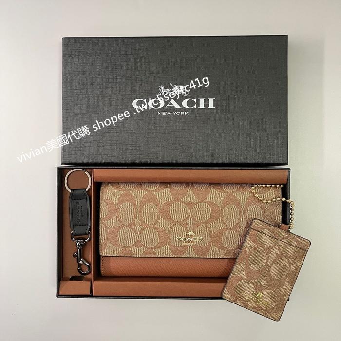 vivian美國代購✨正品 coach 女生翻蓋三折長夾錢包 手拿包 F53763 禮盒套裝配鑰匙扣  女生長夾 錢夾-細節圖3