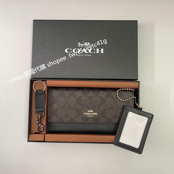 vivian美國代購✨正品 coach 女生翻蓋三折長夾錢包 手拿包 F53763 禮盒套裝配鑰匙扣  女生長夾 錢夾-細節圖4