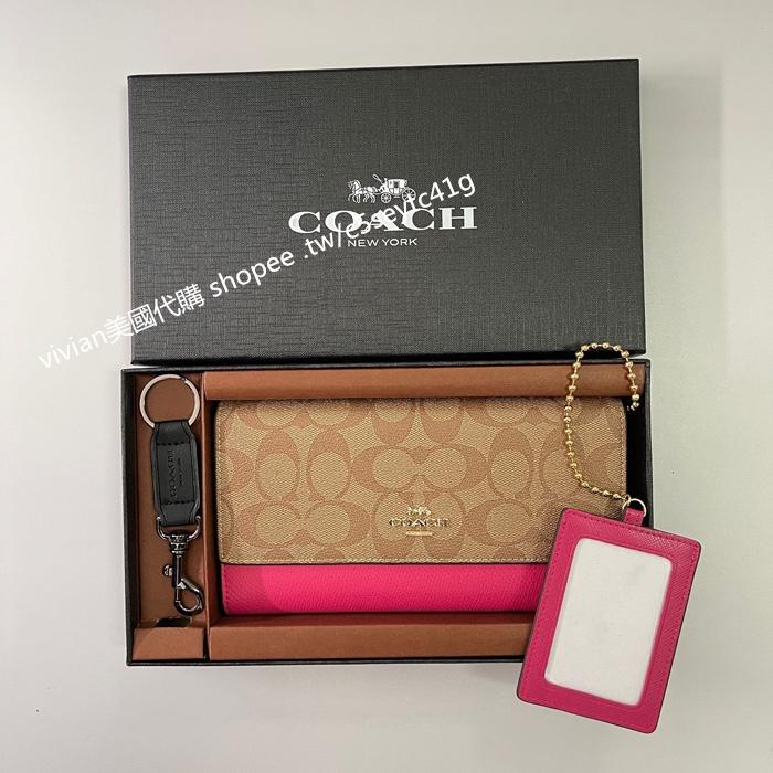 vivian美國代購✨正品 coach 女生翻蓋三折長夾錢包 手拿包 F53763 禮盒套裝配鑰匙扣  女生長夾 錢夾-細節圖5
