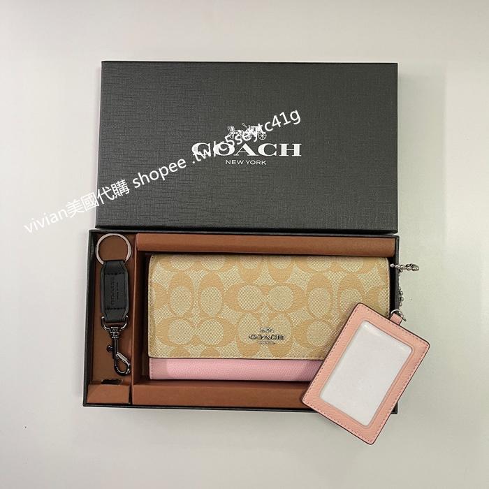 vivian美國代購✨正品 coach 女生翻蓋三折長夾錢包 手拿包 F53763 禮盒套裝配鑰匙扣  女生長夾 錢夾-細節圖6
