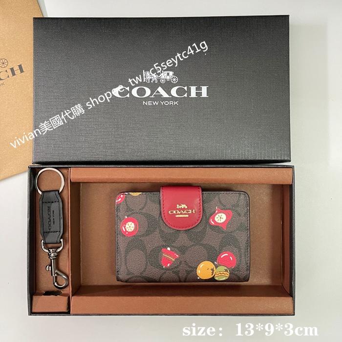 vivian美國代購✨正品 coach真皮浮雕女士拉鍊對折中短夾 禮盒套裝配鑰匙扣 C5896 女生錢包 女用短夾 中夾-細節圖7