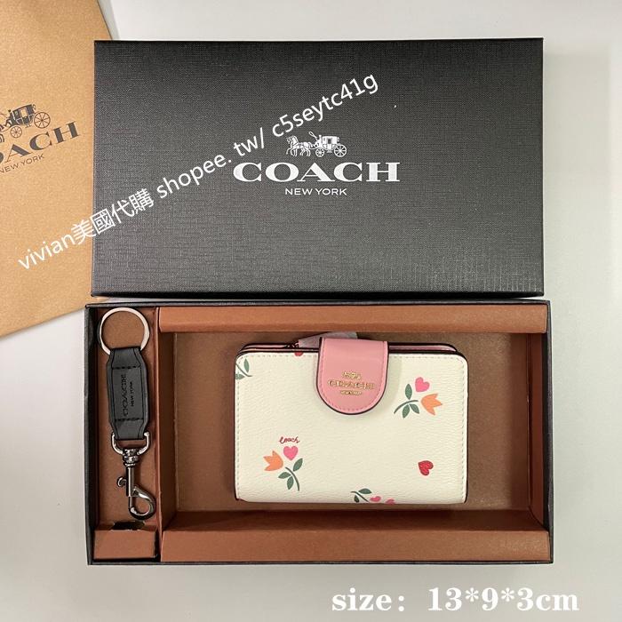 vivian美國代購✨正品 coach真皮浮雕女士拉鍊對折中短夾 禮盒套裝配鑰匙扣 C5896 女生錢包 女用短夾 中夾-細節圖8