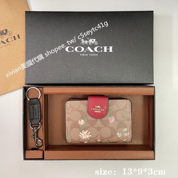 vivian美國代購✨正品 coach真皮浮雕女士拉鍊對折中短夾 禮盒套裝配鑰匙扣 C5896 女生錢包 女用短夾 中夾-細節圖9