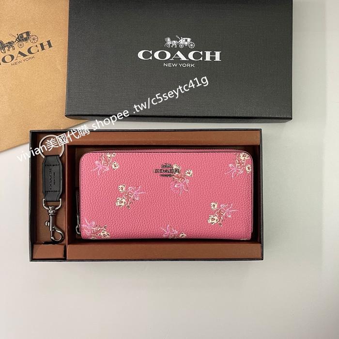 vivian美國代購✨正品 coach 女用長夾 真皮刺繡拉鏈錢包 F28444 禮盒套裝配鑰匙扣 女生皮夾 女生錢包-細節圖4