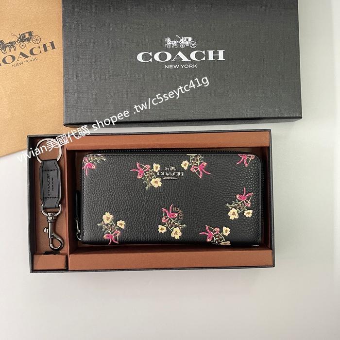 vivian美國代購✨正品 coach 女用長夾 真皮刺繡拉鏈錢包 F28444 禮盒套裝配鑰匙扣 女生皮夾 女生錢包-細節圖5