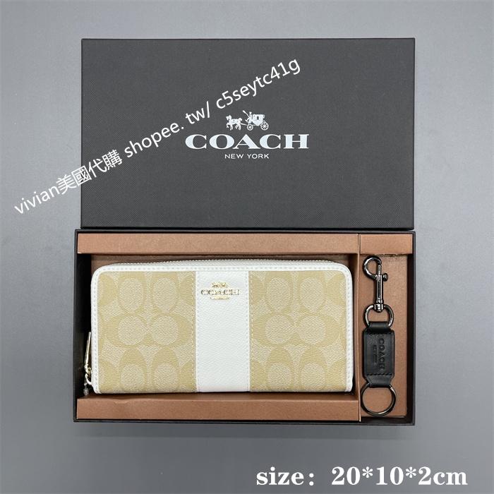 vivian美國代購✨正品 coach 女用長夾 真皮刺繡拉鏈錢包 F28444 禮盒套裝配鑰匙扣 女生皮夾 女生錢包-細節圖7