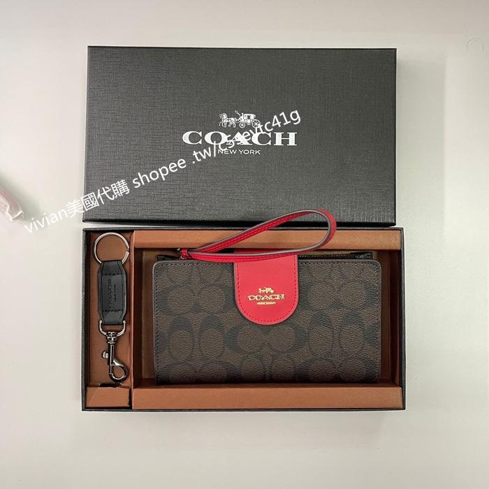 vivian美國代購✨正品 coach 女生拉鍊對折錢包 鍊扣搭扣中長夾 手機包 C2869 禮盒套裝 女士中夾-細節圖3