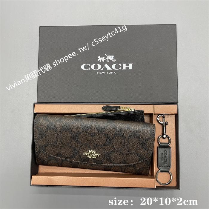 vivian美國代購✨正品 coach 印花格子長款拉鏈錢包 長夾 錢包 F25966 禮盒套裝配鑰匙扣 女生長夾-細節圖7