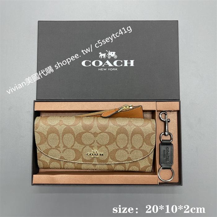 vivian美國代購✨正品 coach 印花格子長款拉鏈錢包 長夾 錢包 F25966 禮盒套裝配鑰匙扣 女生長夾-細節圖8