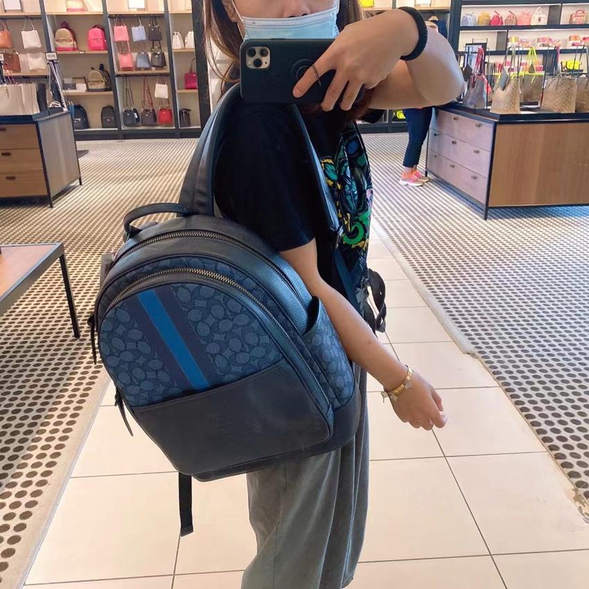 vivian美國代購✨正品 coach 後背包 經典印花拉鏈帆布拼色雙肩包 書包 C5389-細節圖7
